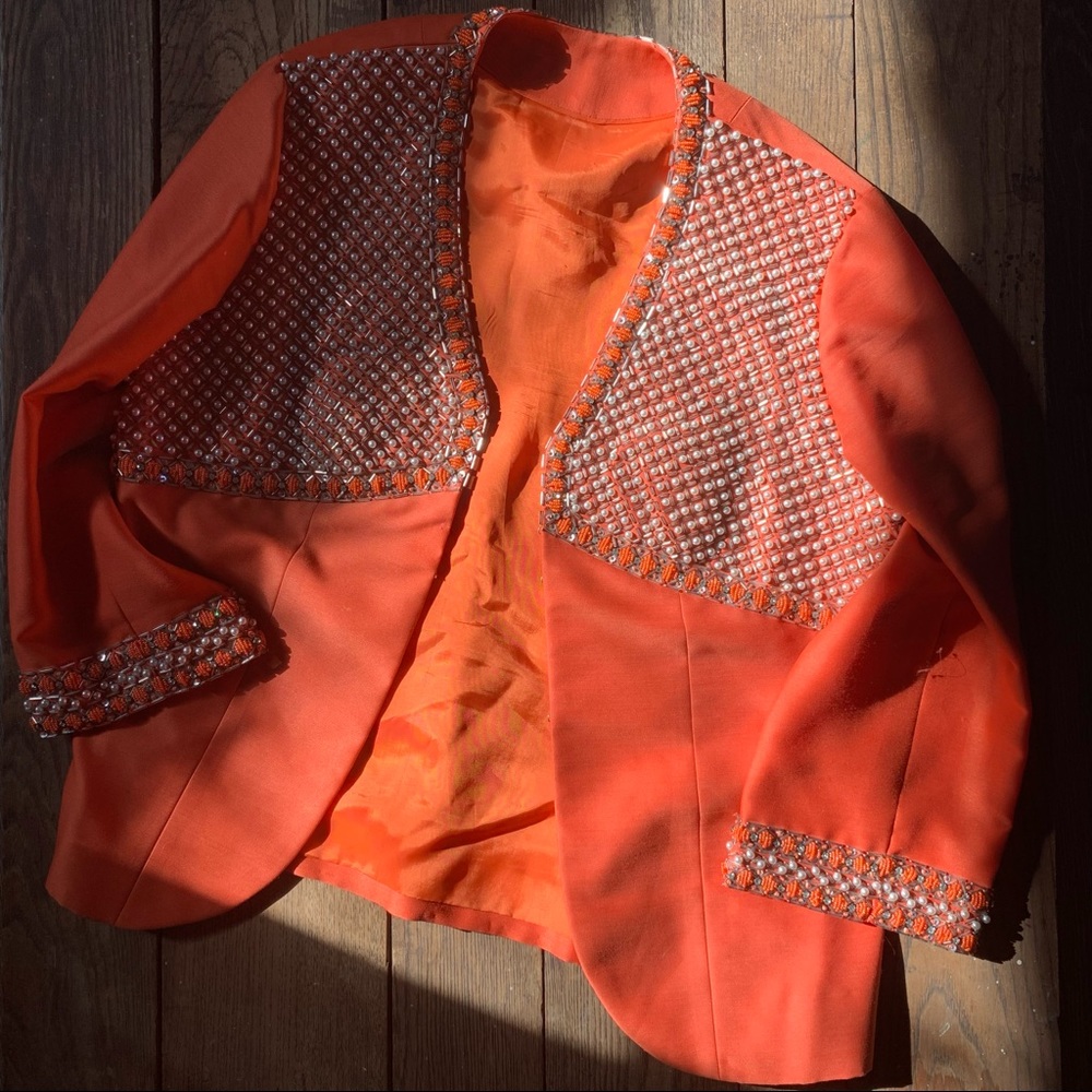 Vintage 60s orange beaded sequin and pearl embellished formal jacket